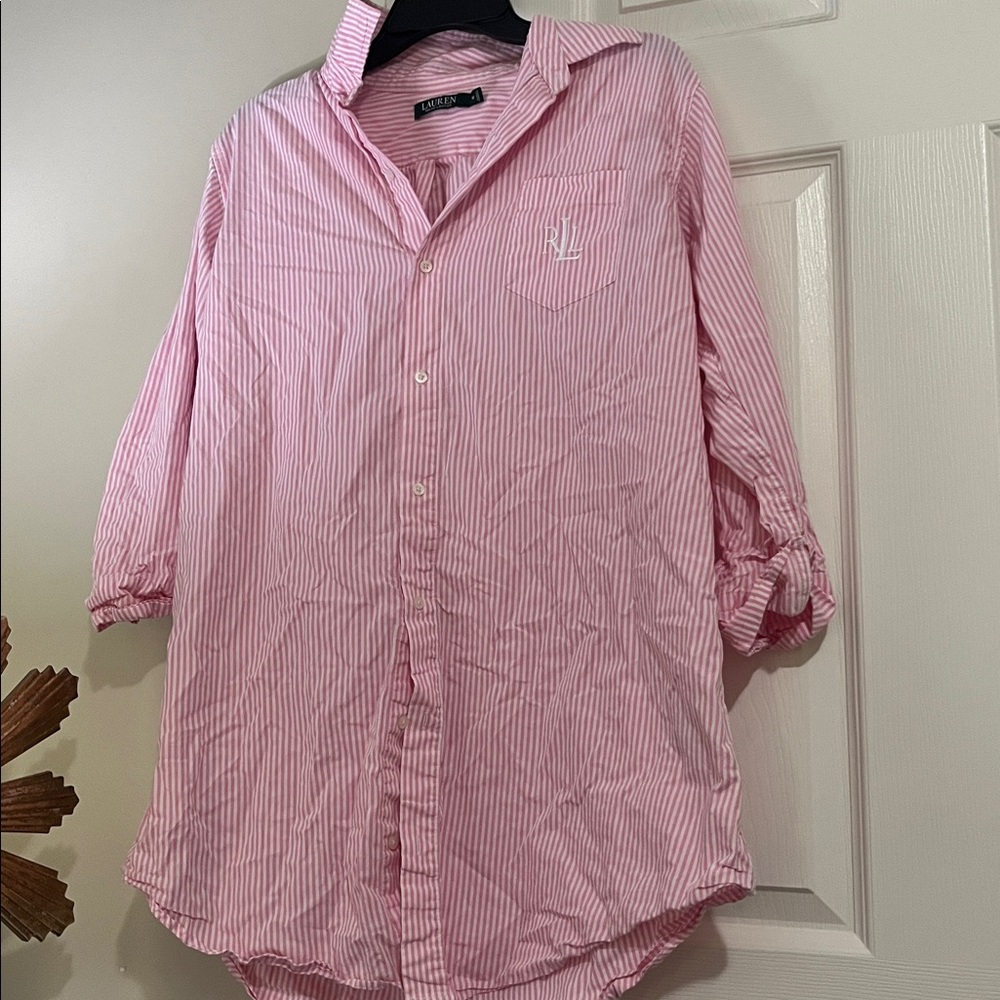 Lauren Ralph Lauren Pink Striped Button-Up sleep dress tunic medium